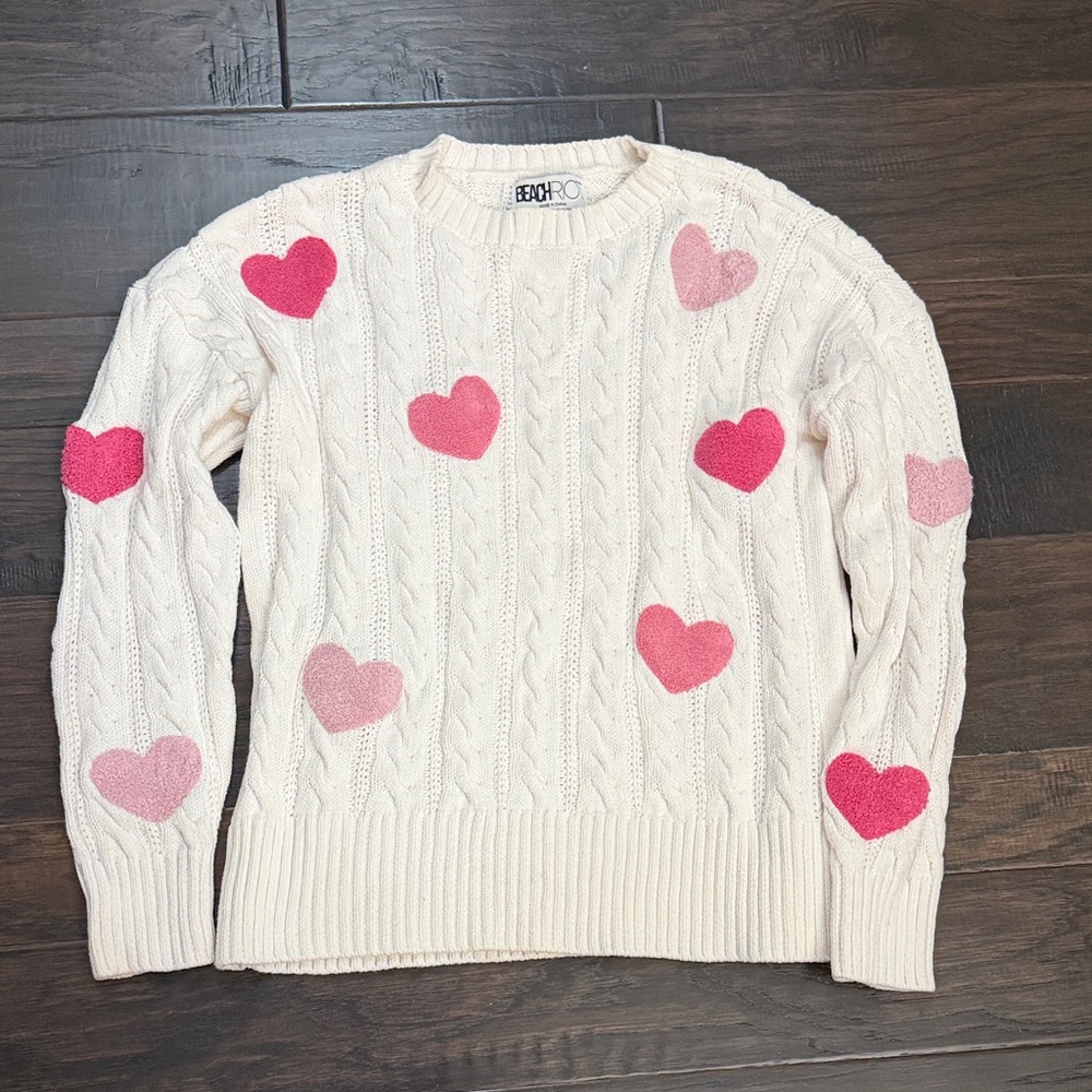 Beach Riot Callie Cable Knit Heart Print Sweater
